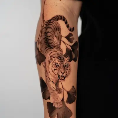 Black and grey realism tattoo of a tiger walking downward through oversized ginkgo leaves, on a forearm.