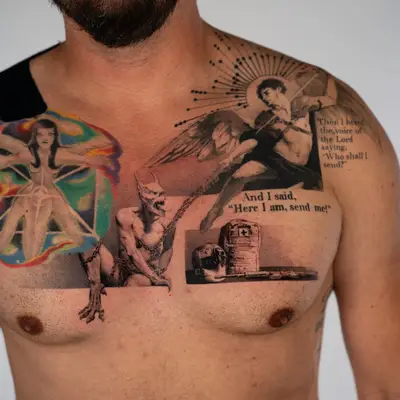 Black and grey chest tattoo of Saint Michael with a spear and a radiating dotwork starburst, a chained demon below, a military medic's helmet and aid bag, and scripture lettering from Isaiah.