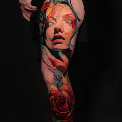 Colorful tattoo of a woman's face with flowers and a rose on leg