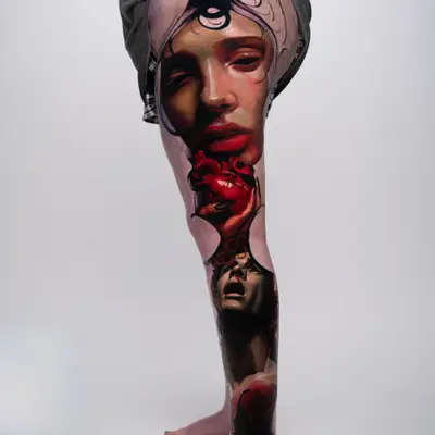 Surrealistic leg tattoo with faces and abstract elements