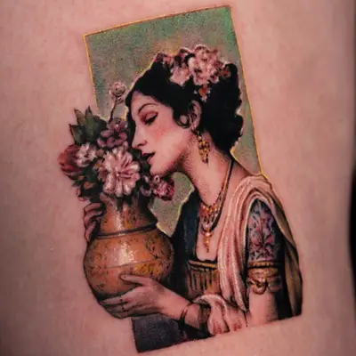 A woman with flowers and a vase in a realistic tattoo style.
