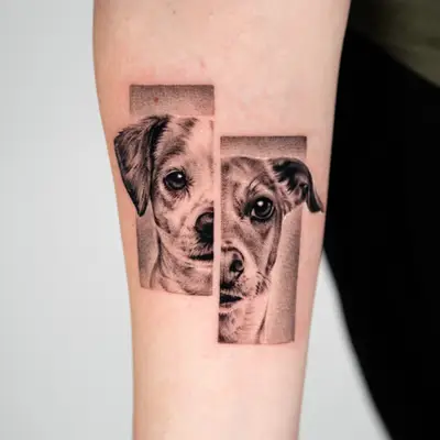 Split panel microrealism tattoo of two dogs.