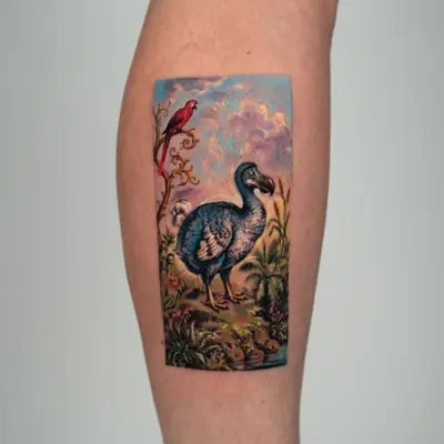 Painting tattoo of a dodo bird in a landscape rendered in microrealism on a calf.