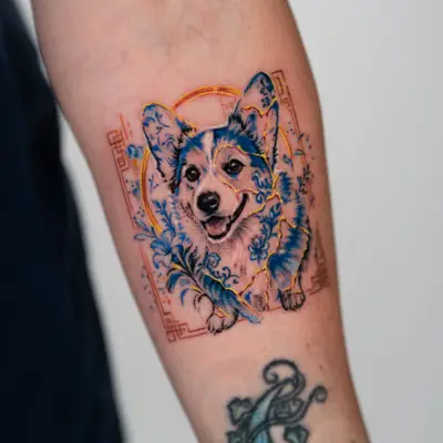 Realistic portrait tattoo of a Corgi with gold Kintsugi and porcelain elements done on a forearm in a microrealism style.