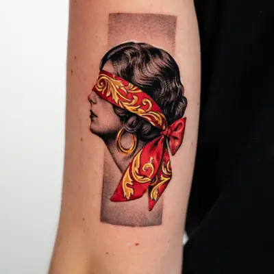 Black and grey tattoo of a woman's profile blindfolded with a red silk band painted in gold filigree and tied in a bow, on the back of an arm.