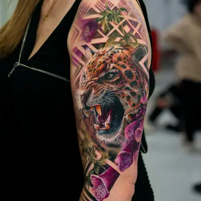 Tattoo of a roaring leopard with geometric background on upper arm.
