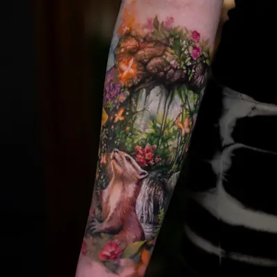 Tattoo of a marmot with colorful flowers and natural scenery on forearm.