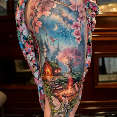 Colorful tattoo depicting a whimsical landscape with a cabin, cherry blossoms, and animals.