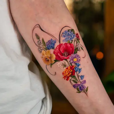 Colorful floral tattoo on inner forearm.
