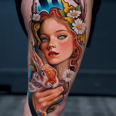 Colorful portrait tattoo of a woman with flowers and a rabbit.
