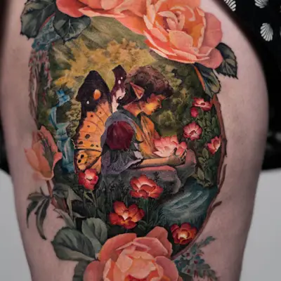 A colorful tattoo of a fairy with butterfly wings surrounded by flowers on the thigh.