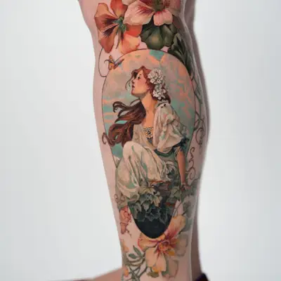 Colorful tattoo of a woman with flowers on a leg in a painterly frame.