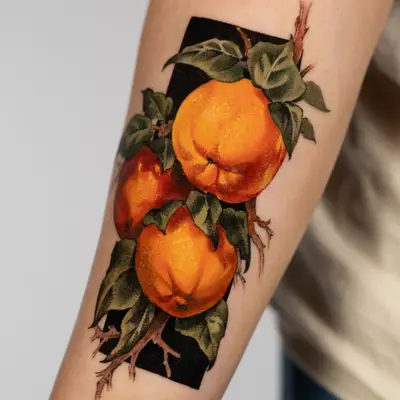 Tattoo of three oranges with leaves, set against a black background on an inner forearm.