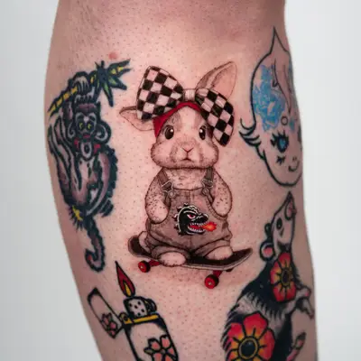 Micorealism tattoo of a bunny riding a skateboard on a lower leg.