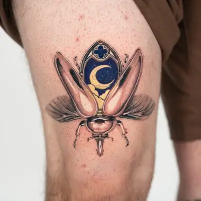 Tattoo of a chrome scarab beetle with open wings showing a gothic window with a night sky.