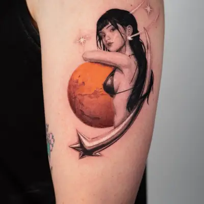 Tattoo of a woman leaning on the planet Mars in a micorealism style.