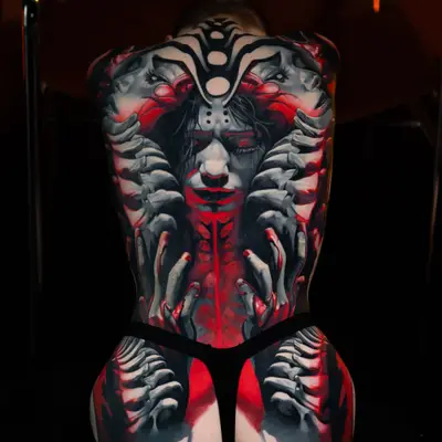 Full back tattoo by Zahhar Vizion: a pale woman's face at the spine, surrounded by mirrored faces, skeletal hands and spines that run down onto the hips, in black and grey with deep red.