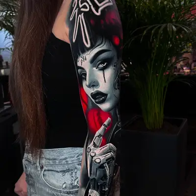 Cyberpunk sleeve tattoo with a robotic woman and neon elements.