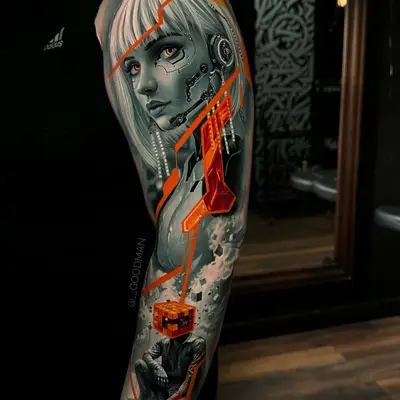 Realism tattoo of a cyborg woman and cube-headed figure on an arm.