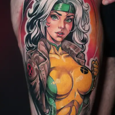A colorful tattoo of a Jean Grey in an anime style on a thigh.