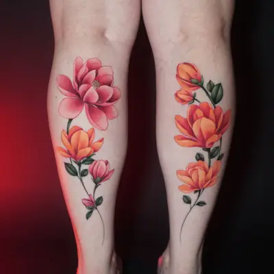 Tattoo of colorful flowers on both calves, featuring pink and orange blooms.