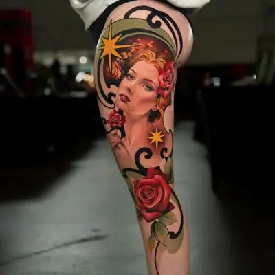 A vibrant, detailed tattoo of a woman with roses on a leg in a neotraditional style.