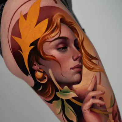 A detailed portrait of a woman with golden hair and leaves in a painterly style on the thigh.