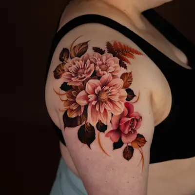 Colorful floral tattoo in a painterly realism style on an upper arm.