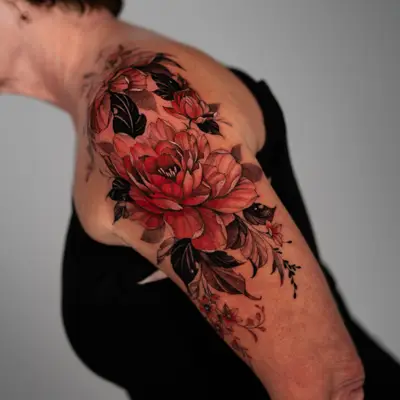 Colorful floral tattoo on woman's shoulder and arm featuring red flowers and black leaves in a fineline style.