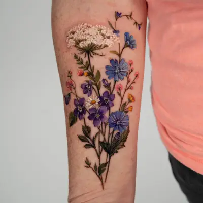 Colorful floral tattoo featuring various flowers on inner forearm.