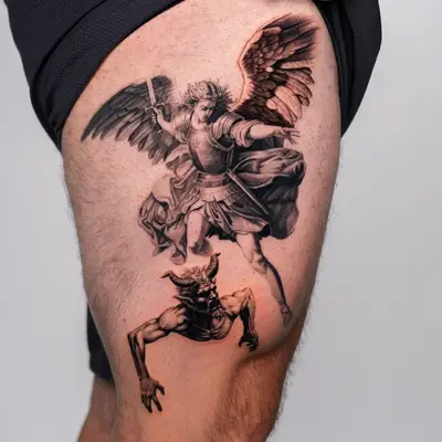 Tattoo of an angel fighting a demon on a person's thigh.