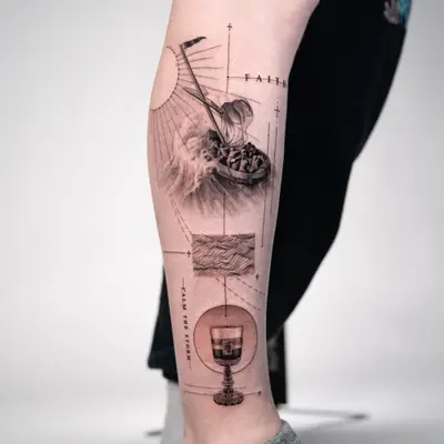 Tattoo of boat with passengers, compass, and chalice on forearm