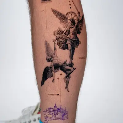 Tattoo featuring an angelic figure with a sword and architectural sketch on calf.