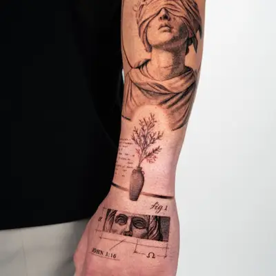 Detailed tattoo depicting a blindfolded figure, a vase, and text on a forearm.