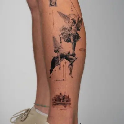 Tattoo featuring an angelic figure with a sword and architectural sketch on calf.