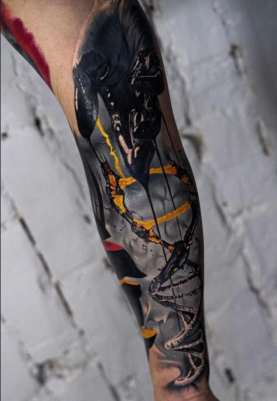 Surrealism tattoo of a hand and a DNA strand done as a sleeve.