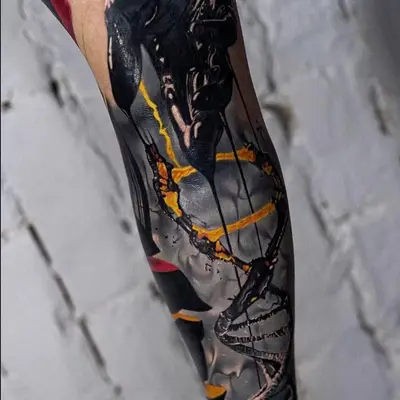 Surrealism tattoo of a hand and a DNA strand done as a sleeve.
