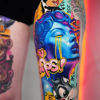 Colorful tattoo featuring cartoon characters, a blue face, and 'oops' text.