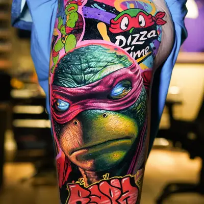 Colorful tattoo of a turtle superhero with comic elements on leg.