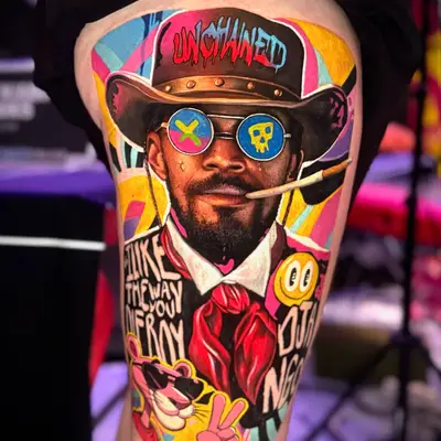 Colorful portrait tattoo with cowboy, sunglasses, and cartoon character.