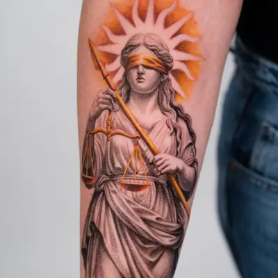 Blindfolded Lady Justice tattoo with scales and sunburst on arm.