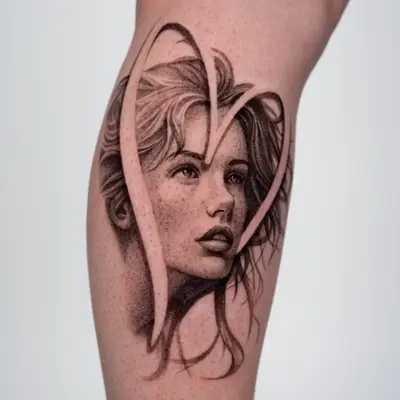 Realistic portrait tattoo with heart-shaped negative space.