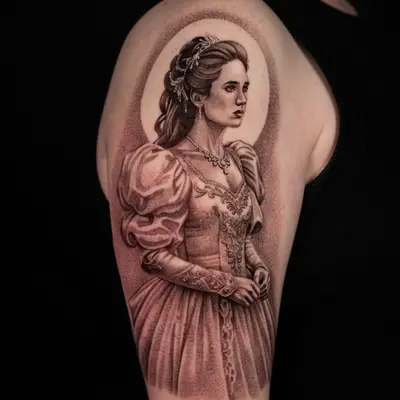 Detailed portrait tattoo of a woman in a historical ballgown, with intricate shading.