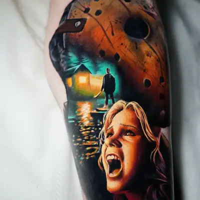 Realistic horror movie scene tattoo with screaming woman and masked figure.