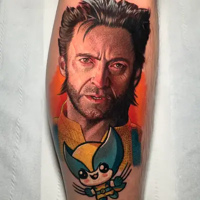 Tattoo of a realistic male face with cartoon character below.