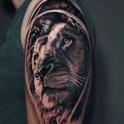 Realistic lion tattoo on upper arm