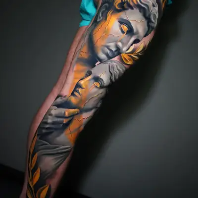Leg tattoo of Greek statues with cracked effect and golden leaves.