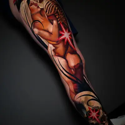 Tattoo featuring a woman embracing a skeleton with red starbursts.
