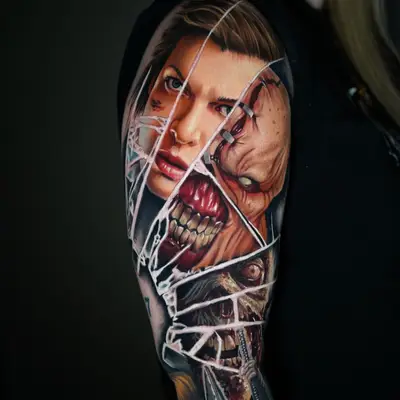 Realistic tattoo featuring a woman's face and a monstrous figure on an arm sleeve.