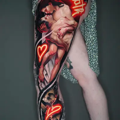 Tattoo of embracing couple with skulls and neon elements on leg.